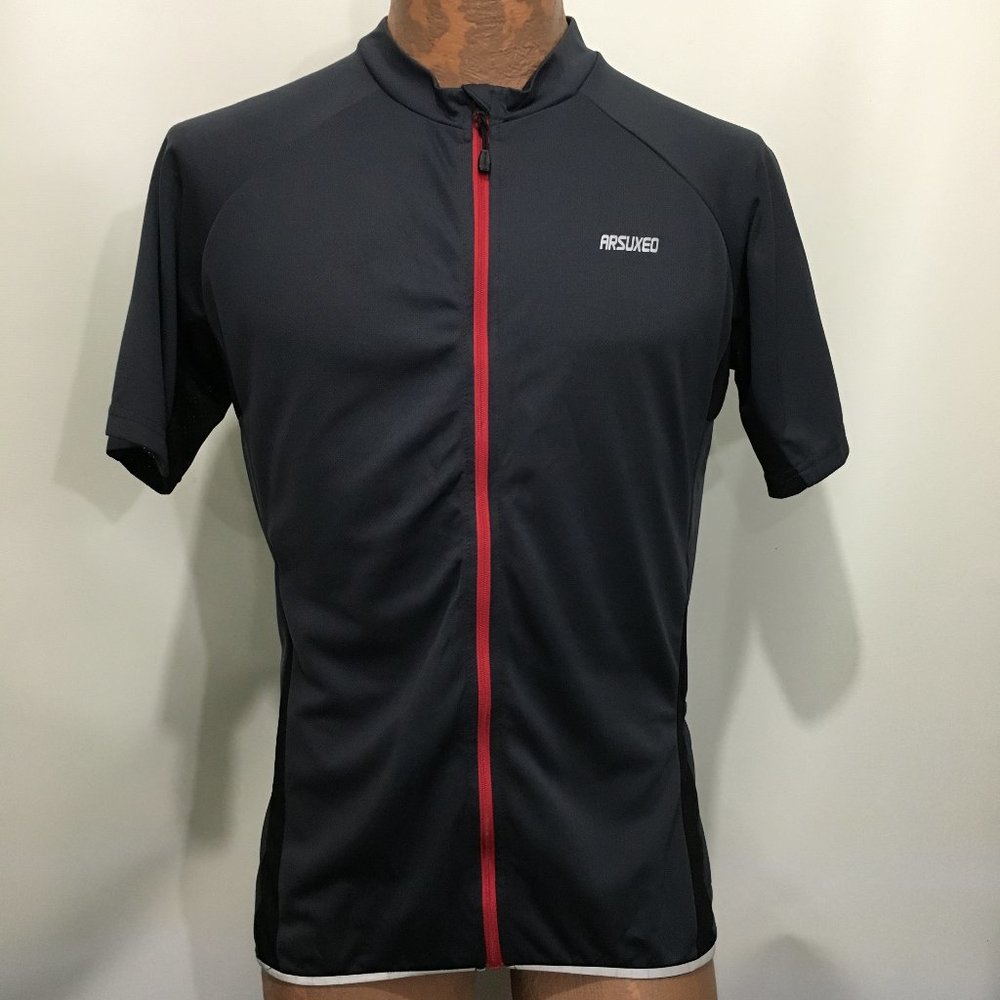 Arsuxeo L Gray Black Bike Cycling Jersey Short Sleeve Red Full Zip